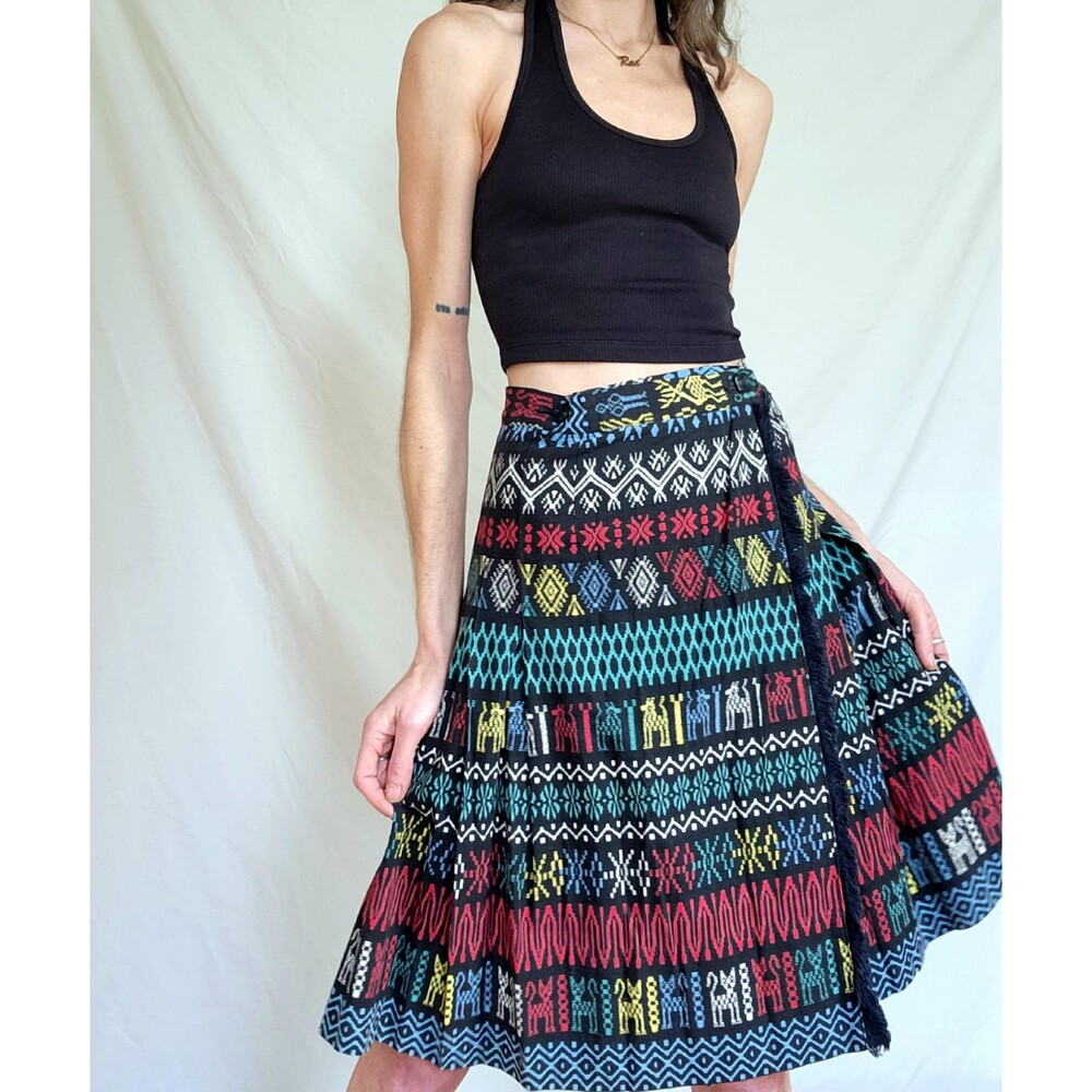 1940s Vintage Pleated Cotton High Waisted A-line Novelty Print Wrap Skirt: Women